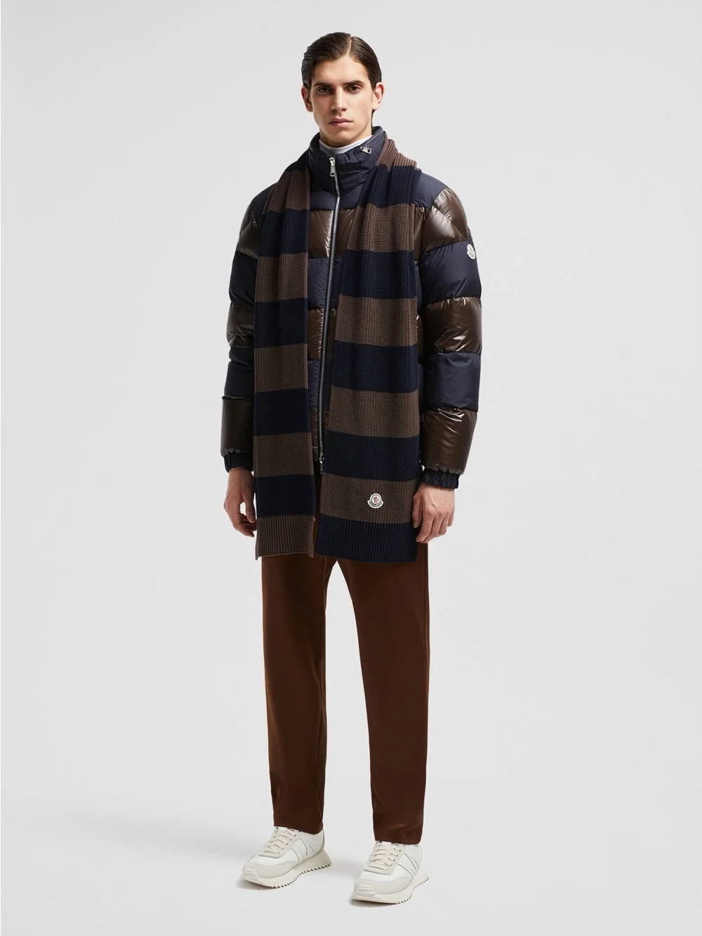 Moncler Navy Brown Striped Knit Scarf Logo Patch
